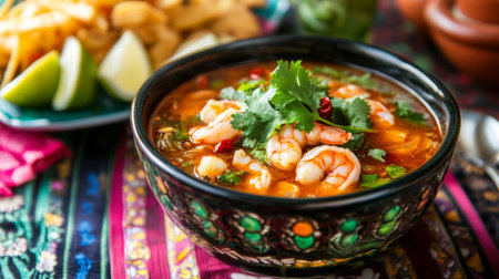 A steaming hot bowl of shrimp soup with bright red chili, green cilantro, and fresh shrimp, elegantly presented on a colorful table settingの素材