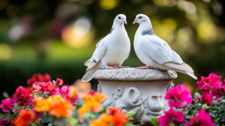 A striking shot of a pair of doves perched atop a stone statue in a garden, surrounded by vibrant flowers, highlighting their beauty in a whimsical settingの素材