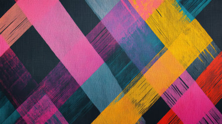 A vibrant abstract composition of colorful diagonal lines crossing each other on a dark background, creating a striking visual contrast and energyの素材