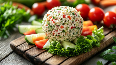 A tempting image of a cheese ball surrounded by a mix of fresh vegetables, served on a wooden cutting board, inviting a healthy yet indulgent snack optionの素材