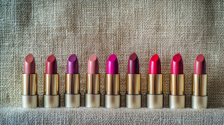 A visually appealing arrangement of lipsticks in different shapes and sizes, set against a textured fabric background that adds depth to the compositionの素材