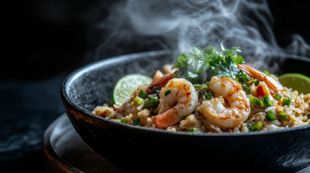 A vibrant photo of a steaming bowl of shrimp fried rice, garnished with green onions and lime, set against a dark background for contrastの素材