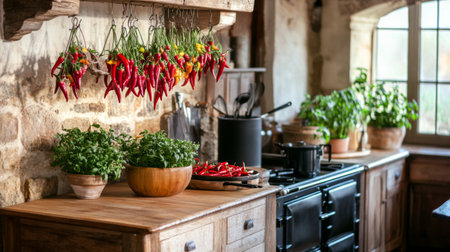 A warm kitchen atmosphere with fresh chili peppers hanging in bunches, creating a rustic feel and emphasizing their role in traditional cookingの素材