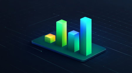 A vibrant D bar graph with gradient bars in shades of blue and green, positioned on a dark grid background with soft lighting adding depth and dimensionの素材