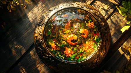 Close-up of a rich, aromatic bowl of tom yum kung with plump shrimp and vibrant vegetables, garnished with fresh cilantro, on a rustic wooden backgroundの素材