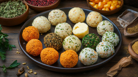 A vibrant plate of cheese balls with a variety of coatings, such as herbs, breadcrumbs, and spices, arranged artistically for a deliciously colorful presentationの素材