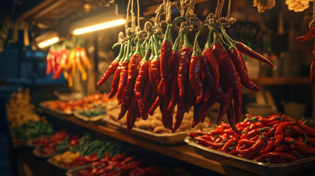A warm kitchen atmosphere with fresh chili peppers hanging in bunches, creating a rustic feel and emphasizing their role in traditional cookingの素材