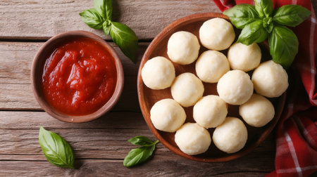A warm, inviting shot of cheese balls on a rustic wooden table, with a side of marinara sauce and fresh basil leaves, emphasizing the classic snack experienceの素材