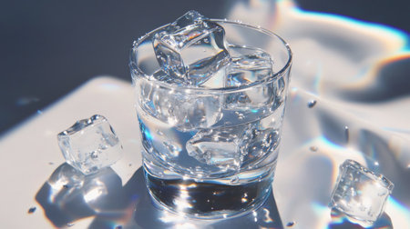 Crystal-clear ice cubes stacked in a glass, reflecting light and casting cool blue shadows, with water droplets forming on the glass surfaceの素材