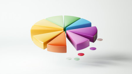 D pie chart with vibrant segments floating in mid-air, set against a white minimalist backgroundの素材