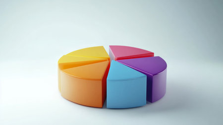 D pie chart with vibrant segments floating in mid-air, set against a white minimalist backgroundの素材