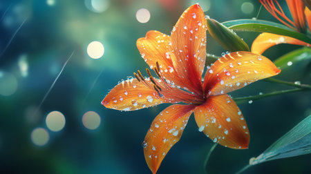 A beautiful flower with transparent water droplets on its delicate petals, set against a blurred nature background.の素材
