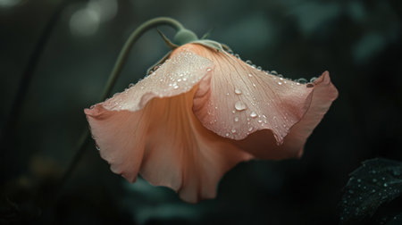A close-up of a delicate flower petal with water droplets glistening on its surface, surrounded by soft, blurred greenery.の素材