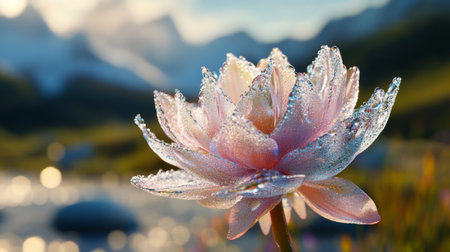 A beautiful flower with transparent water droplets on its delicate petals, set against a blurred nature background.の素材