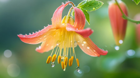 A close-up of a colorful flower with dew-covered petals, captured with soft focus and a light mist in the background.の素材