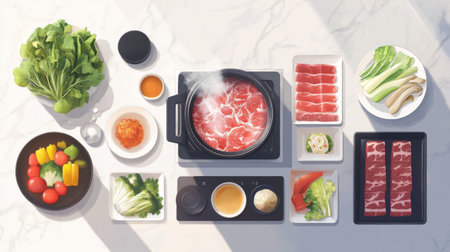 An elegant shabu setup with a modern pot, premium meat trays, fresh seafood, and colorful vegetables on a sleek marble table.の素材