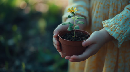 A childs hands gently holding a small potted plant, symbolizing growth and nurturing, with a blurred nature background.の素材