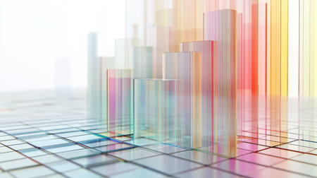 A D chart with multiple layers of transparent bars rising from a grid, illustrating complex data trends in a visually striking manner.の素材