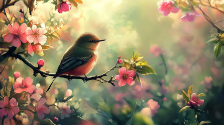 A bird perched on the branch of a young tree, surrounded by colorful spring blossoms.の素材