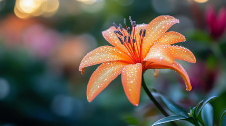 A beautiful flower with transparent water droplets on its delicate petals, set against a blurred nature background.の素材