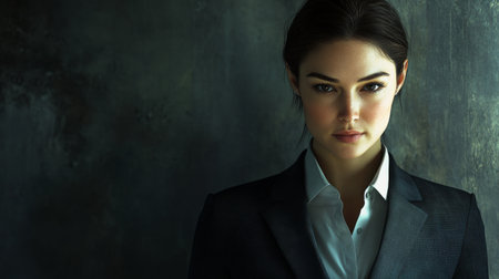 A clear, high-definition portrait of a businesswoman with a serious yet approachable demeanor, dressed in executive attire and ready for a meeting.の素材