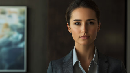 A clear, high-definition portrait of a businesswoman with a serious yet approachable demeanor, dressed in executive attire and ready for a meeting.の素材