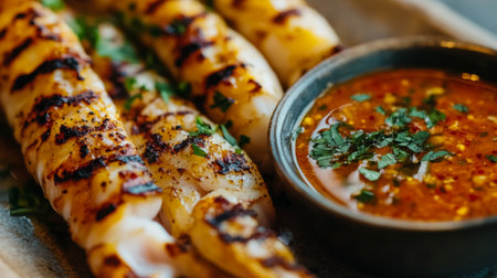 A close-up of a freshly grilled squid tentacle, perfectly charred, with a side of spicy dipping sauce and a sprinkle of herbs.の素材