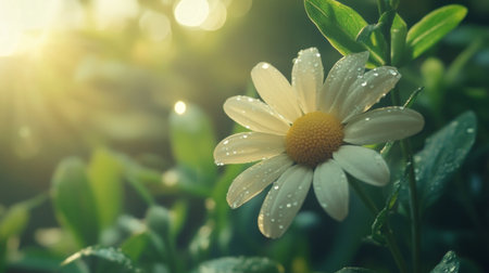 A close-up of a white daisy with dew drops resting on its petals, with soft light filtering through the background leaves.の素材