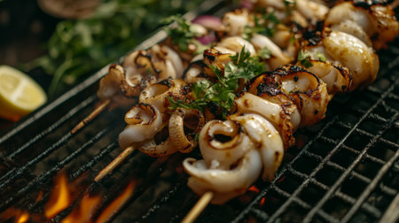 A close-up of grilled squid skewers on a sizzling hot grill, surrounded by fresh herbs, vegetables, and spices.の素材