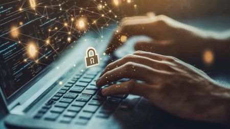 A close-up of a hacker's hands typing on a keyboard, with digital data streams and a lock symbol in the background, symbolizing online crime.の素材