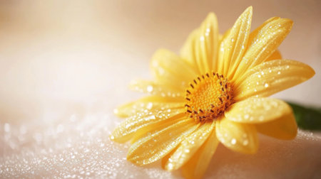 A close-up shot of a bright yellow flower with water droplets scattered across its petals, set against a soft, blurred background.の素材