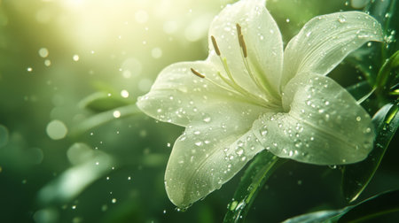 A close-up of a white lily with water droplets glistening on its soft petals, surrounded by greenery and soft, blurred light.の素材