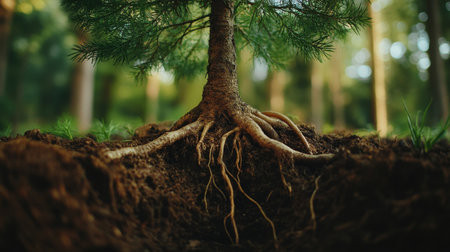 A close-up of a young tree's roots taking hold in the earth, highlighting its stability and connection to the soil.の素材