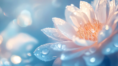 A close-up of a flower with clear water droplets gently resting on its petals, creating a serene, tranquil mood in nature.の素材