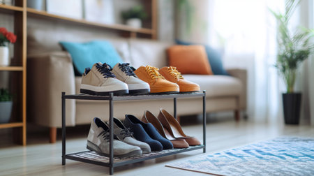 A contemporary metal shoe rack in a modern living room, holding sneakers and high heels, with stylish decor in the background.の素材