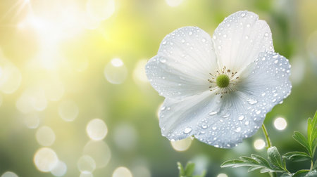 A delicate white flower with dew drops on its petals, set against a blurred natural background of leaves and greenery.の素材