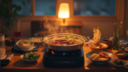 A cozy shabu meal at home, with a portable hot pot, casual table setting, and warm lighting creating a relaxing atmosphere.の素材