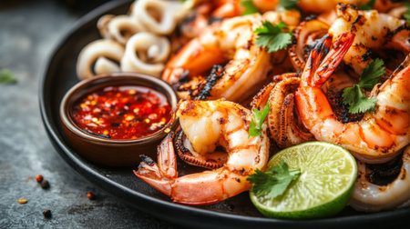 A delicious plate of grilled squid and shrimp, garnished with lime slices and fresh herbs, with a side of dipping sauces.の素材