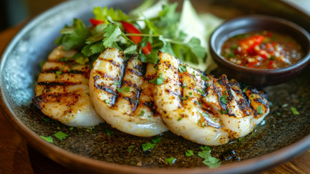 A close-up of sizzling hot grilled squid, golden and charred, served on a plate with a side of dipping sauce and fresh herbs.の素材
