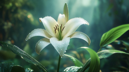 A close-up of a white lily with water droplets glistening on its soft petals, surrounded by greenery and soft, blurred light.の素材