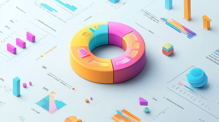 A colorful D donut chart floating on a clean background, with different data segments separated and highlighted in various hues.の素材