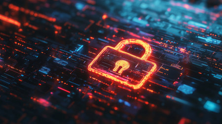 A computer screen with a padlock icon, illustrating the security of online transactions and protected information.の素材