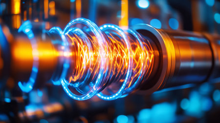 A close-up view of vibrant electric waves pulsing through cables in a high-tech industrial setting, symbolizing the flow of energy and innovation.の素材