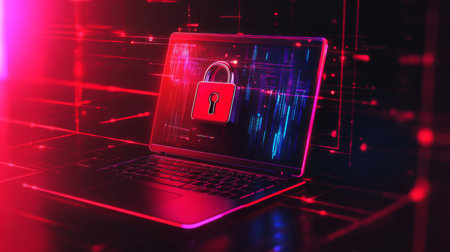 A cybersecurity concept with a key and lock icon on a laptop, symbolizing the protection of confidential data.の素材