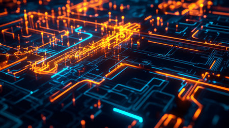 A digital concept of neon electric waves intersecting over a dark background, representing wireless technology, AI systems, and the future of electricity.の素材