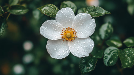 A delicate white flower with dew drops on its petals, set against a blurred natural background of leaves and greenery.の素材