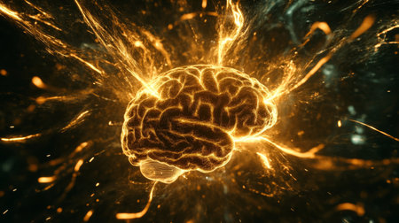A creative composition of a brain surrounded by light trails, symbolizing electrical impulses and thought processes, set against a dark backdropの素材