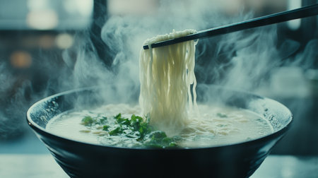 A dynamic shot of noodles being pulled from a bowl of hot broth, with steam rising and fresh herbs floating on top, emphasizing the deliciousness of the dishの素材