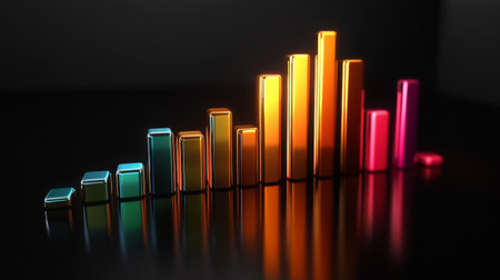 A colorful D bar chart with tall, glossy bars on a black reflective surface, with warm spotlighting to highlight each bar's shape and heightの素材