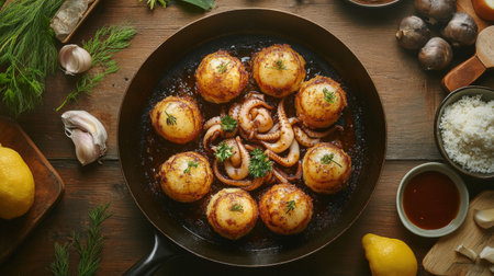 A rustic setting featuring a skillet of freshly cooked takoyaki, surrounded by ingredients like octopus, batter, and sauce, emphasizing the cooking processの素材